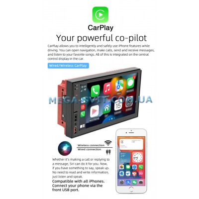 Автомагнитола With Carplay (2+32GB), Wi-Fi,  With Carplay  Android-14, модуль GPS, Bluetooth